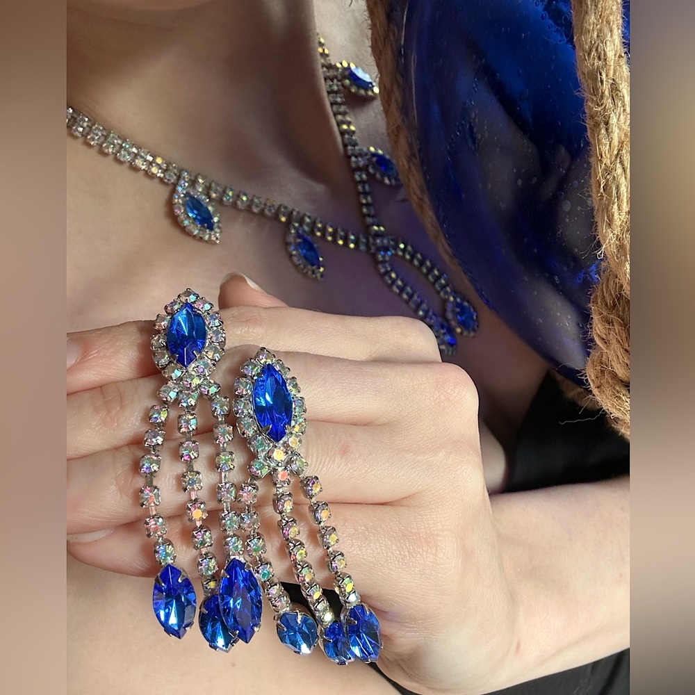 Vintage SET Hollywood glam rainbow blue rhinestone necklace and earrings